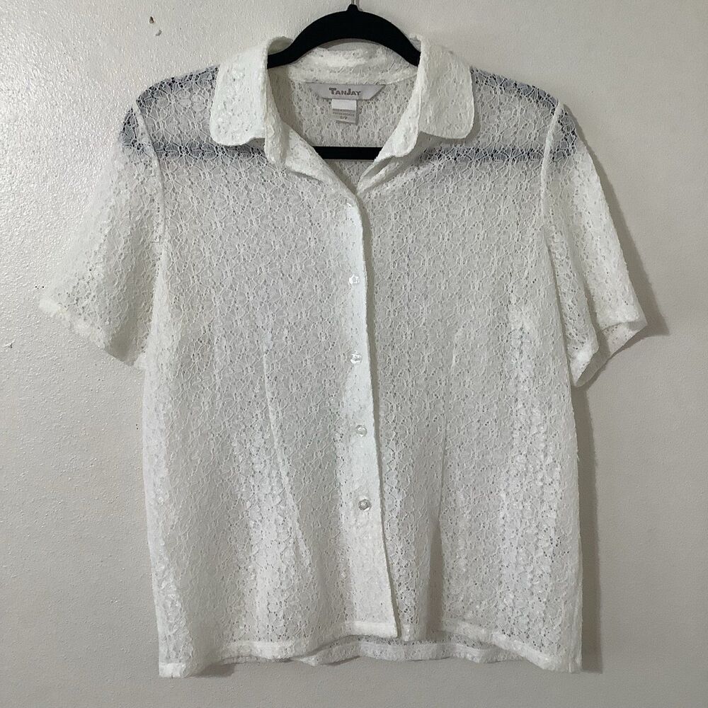 Vintage 90s White Sheer‎ Lace Cottagecore Preppy Clean Girl Button Up Shirt S